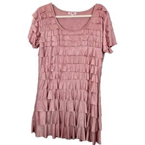 Midi Tiered Ruffle Pink Dress Funky Artsy Kitschy Flapper W Silver Rhinestone XL